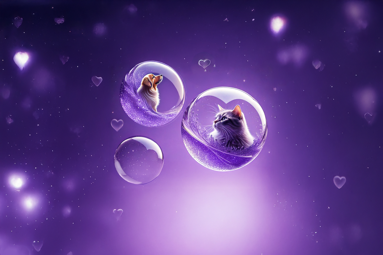 シャボン玉に浮かぶ犬と猫