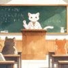 白猫が大学で講義している様子
